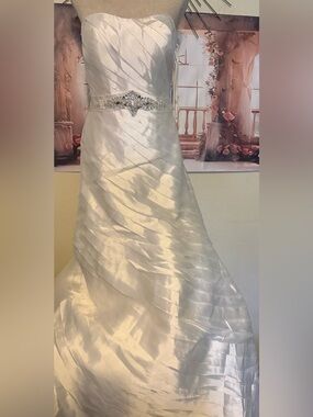 Strapless White Satin Wedding Gown with Beaded Waist Ribbon